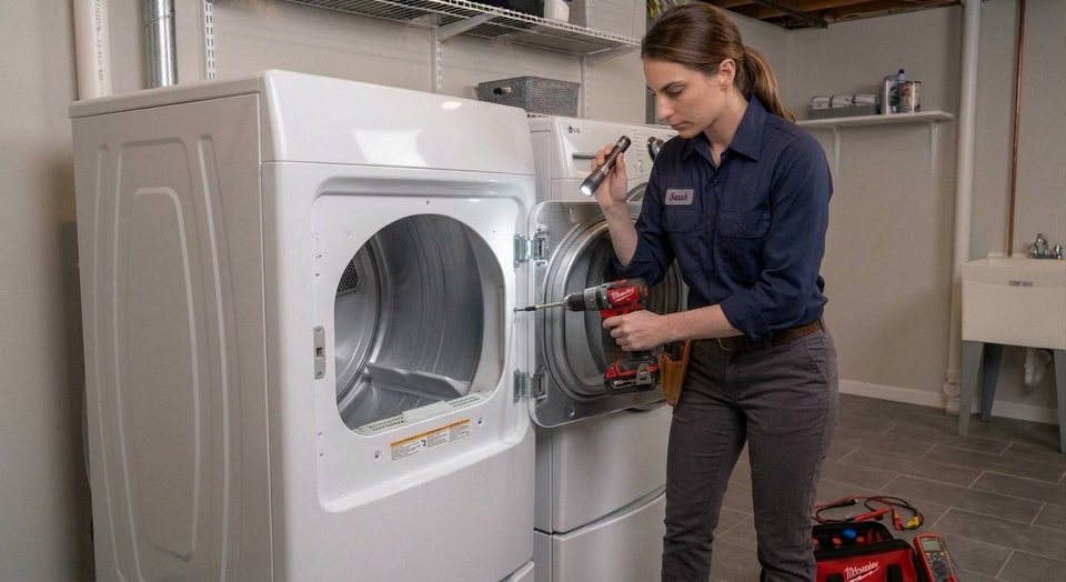 Sarah resealing a stacked dryer door in a Tri-Cities laundry room