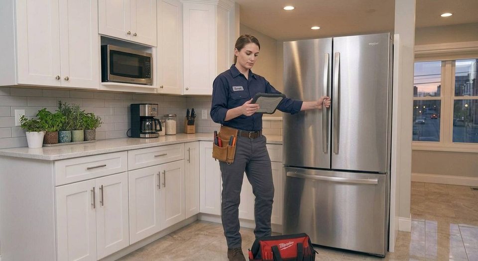 Work-order check beside a French-door refrigerator