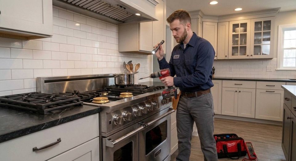Sam inspecting burner ports on a pro-style gas range